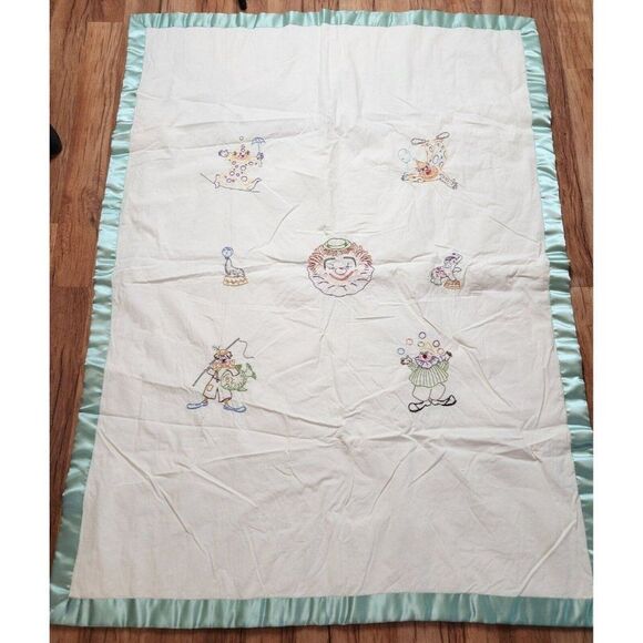 Vintage 60s Clown Circus Blanket Crib Child's Size White Green Satin Edge
